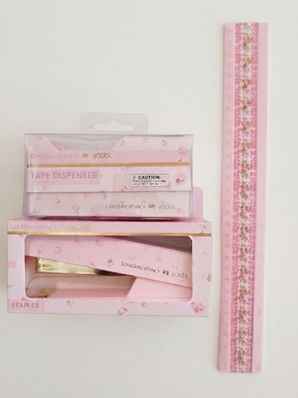 LoveShackFancy Pink Stapler Pink Tape Dispenser and Ruler Set